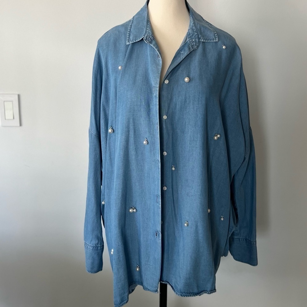 Zara Woman Peal Embellished Chambray Top